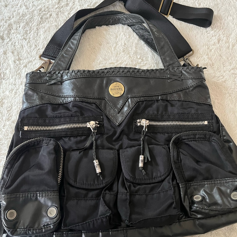Vintage Diesel Multipocket Black Leather Crossbody Shoulder Bag Hard to Find!
